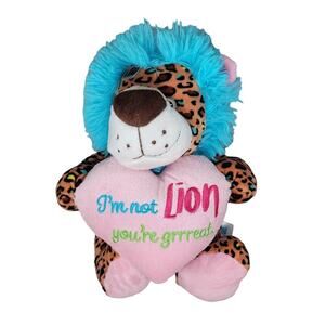 Lion Plush Leopard Print Blue Mane Pink Heart Kids of America Stuffed Animal